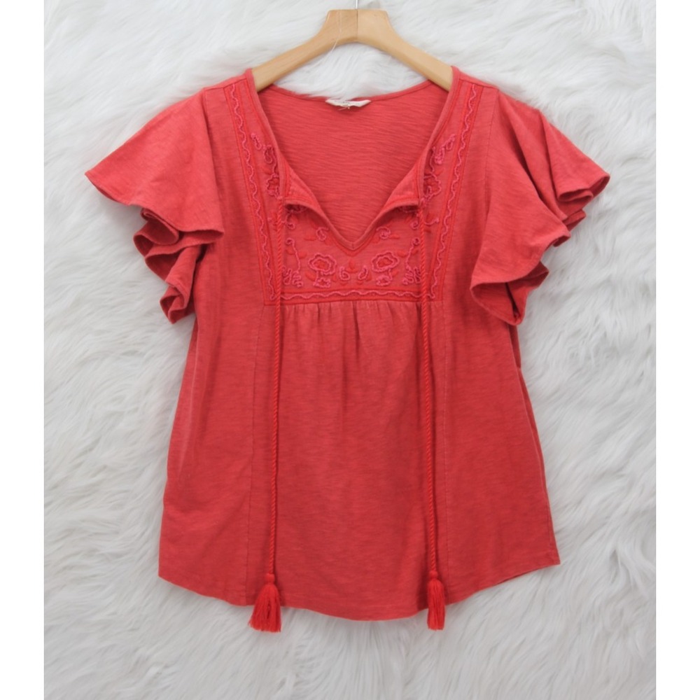 Rocks & Indigo Beach Red Embroidered Boho Cotton Top Tassel Pullover M Boho